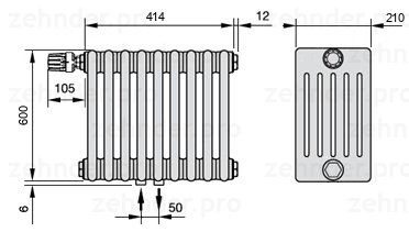 Схема (чертеж) Радиатор Zehnder Charleston 6060/9 №V007 Белый глянцевый RAL 9016